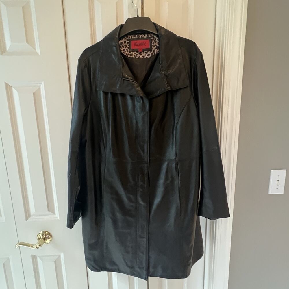 💞 Excelled Collection 2XL Black Genuine Leather Long Coat Leopard Lined Plus - Picture 2 of 12